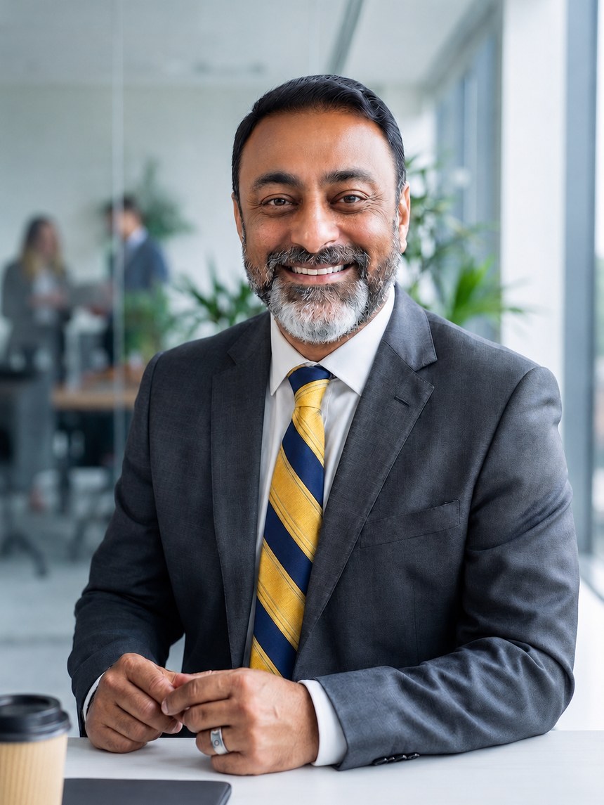 Saqib Khan, the solicitor and retired county court judge who designed Bracton, in a charcoal suit and a navy and gold striped tie