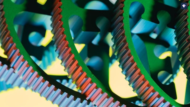 Interlocking cogs in blue, green and red meshing together