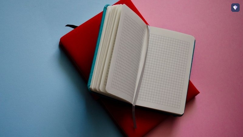 An open notebook with blank pages on a pink and blue background