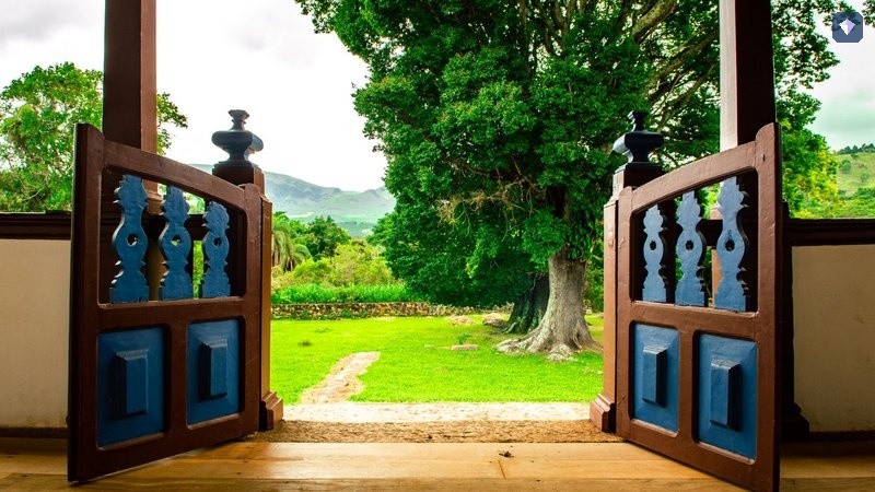 A pair of wooden doors standing open onto a green garden