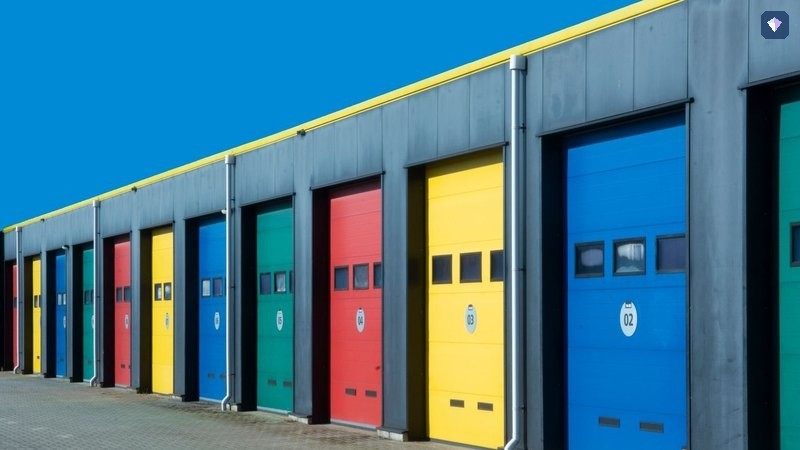 A row of garage doors painted in blue, red, yellow and green