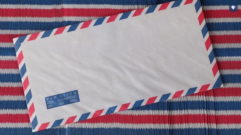 An airmail envelope lying on a red, white and blue striped surface