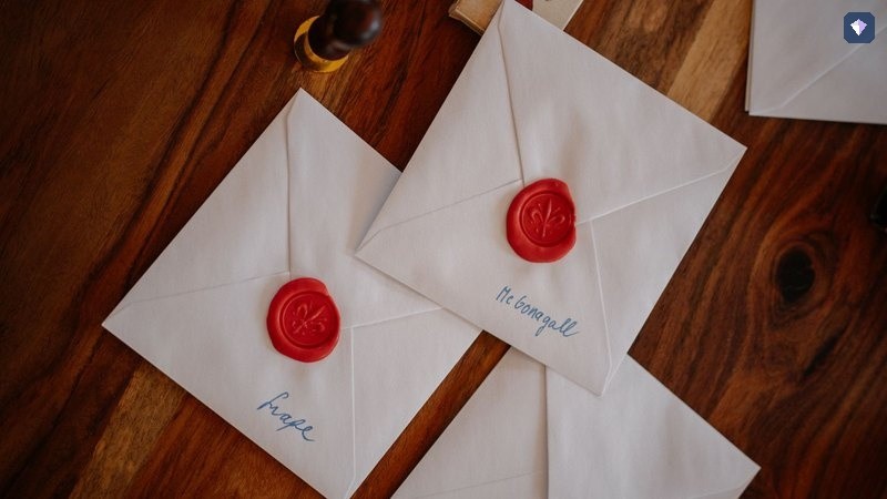 White envelopes closed with red wax seals on a wooden table
