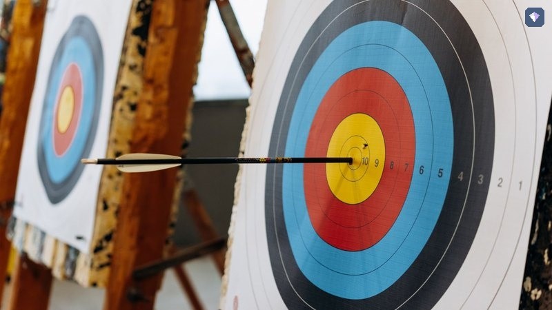 An arrow in the centre of a brightly ringed archery target
