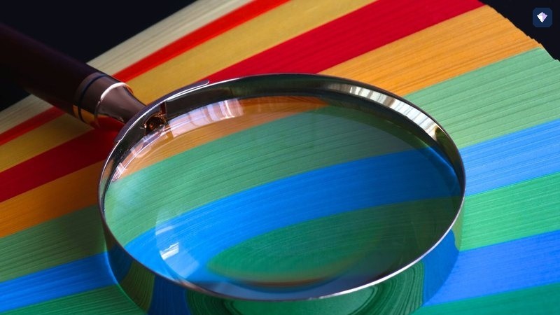A magnifying glass resting on sheets of rainbow coloured paper