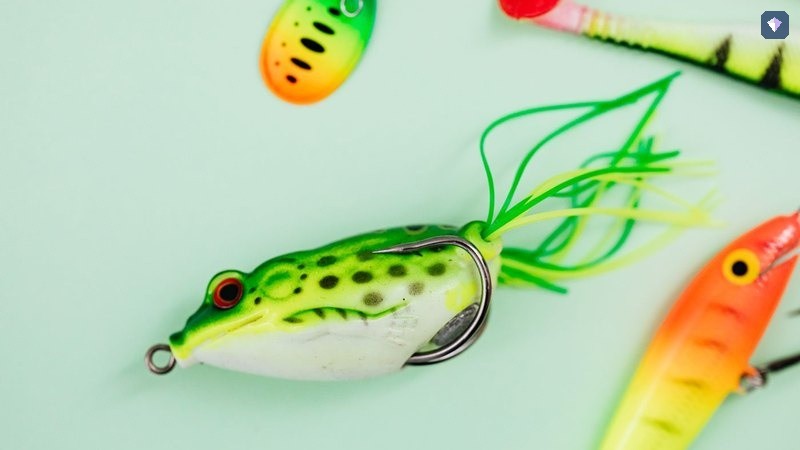 Brightly coloured fishing lures laid out on a pale green surface