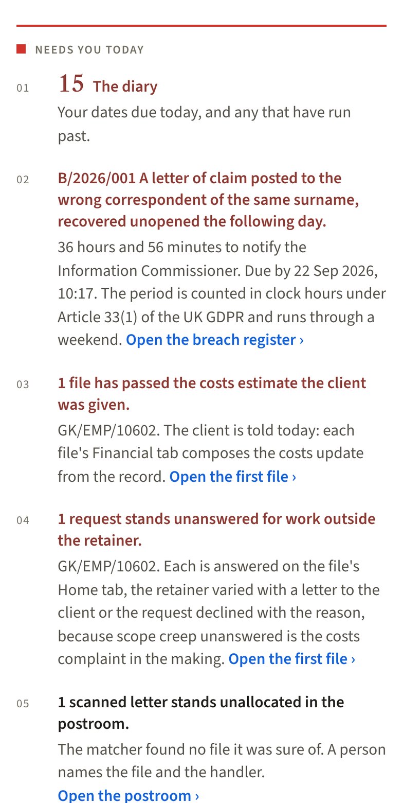 The morning's items on a narrow screen, the client money comparison first and the breach with its clock beneath it