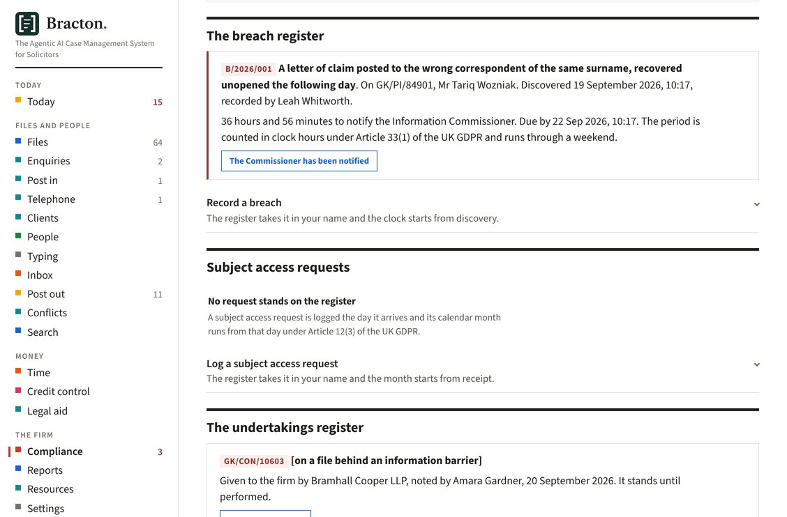 The breach register with one entry open, a letter of claim posted to the wrong correspondent, the hours left to notify the Information Commissioner counted under Article 33(1) of the UK GDPR, and the identity checks waiting on an answer beneath it