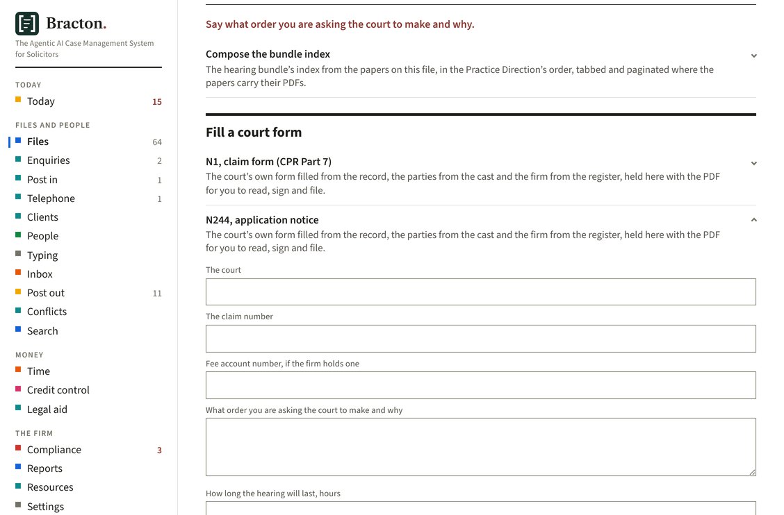 The N244 application notice held at eight unanswered questions, the first three visible, each explaining which part of the form the answer reaches