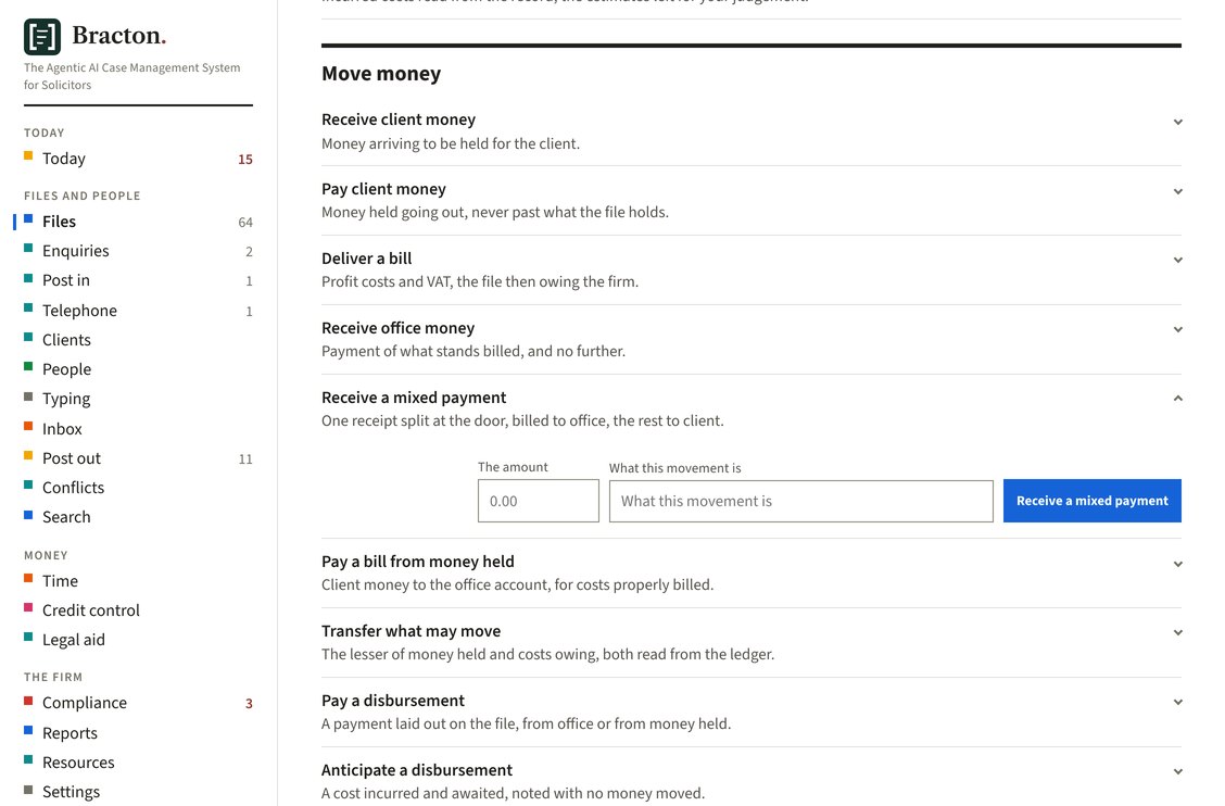 The Move money list on a file's financial tab, nine acts each named in the cashier's own words with a sentence saying what it does, from receiving client money to anticipating a disbursement, with Receive a mixed payment open and its form showing the amount and what the movement is