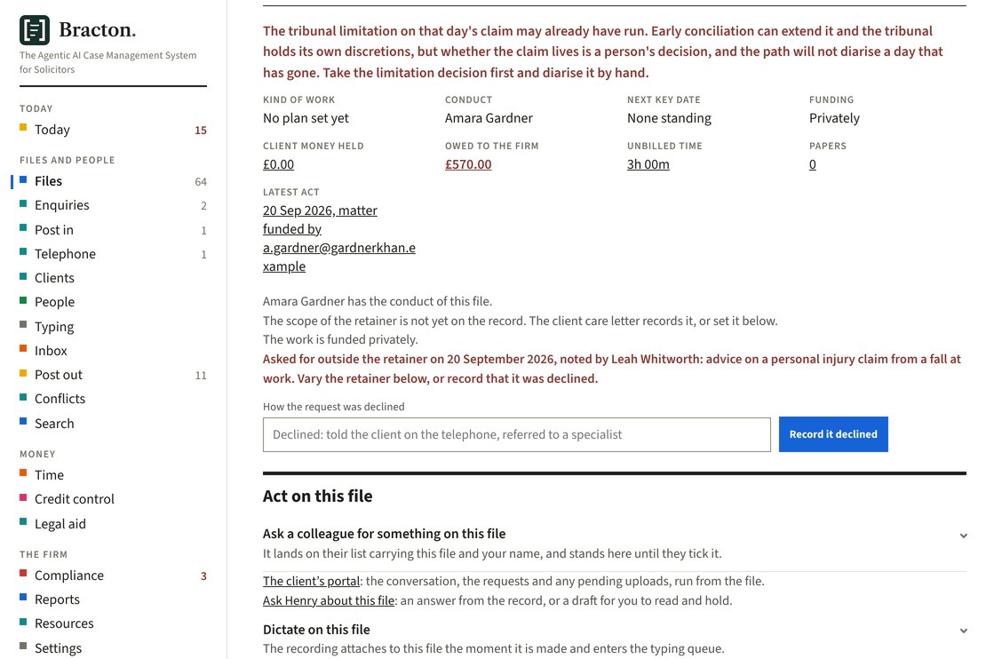 The refusal at the head of an employment file, reading that the tribunal limitation on that day's claim may already have run, that early conciliation can extend it and the tribunal holds its own discretions, but that whether the claim lives is a person's decision and the path will not diarise a day that has gone, with the file's own facts and the assistant's overnight review of it beneath
