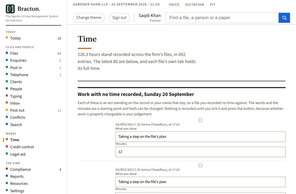 The firm's time on one screen, 164.2 hours across 485 entries, the latest narratives naming the act done and the file each belongs to